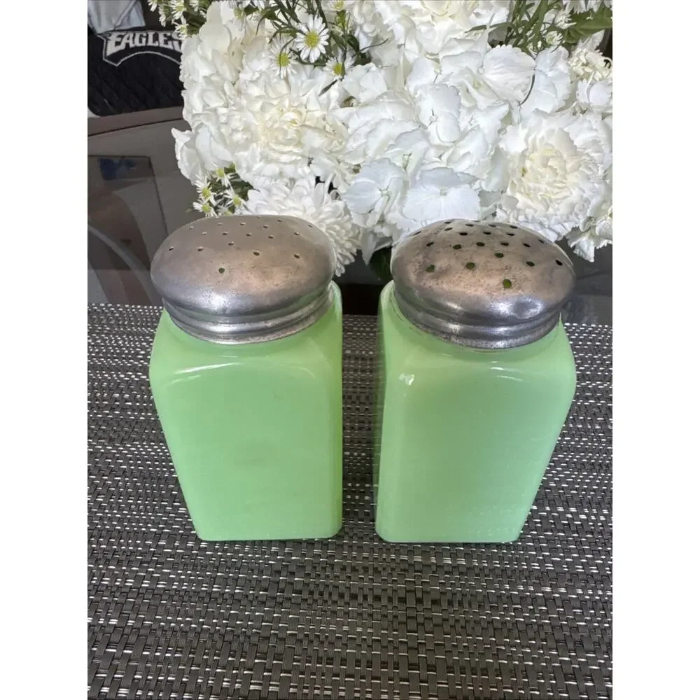 Jadeite Salt and Pepper Shakers Green Art Deco Glass